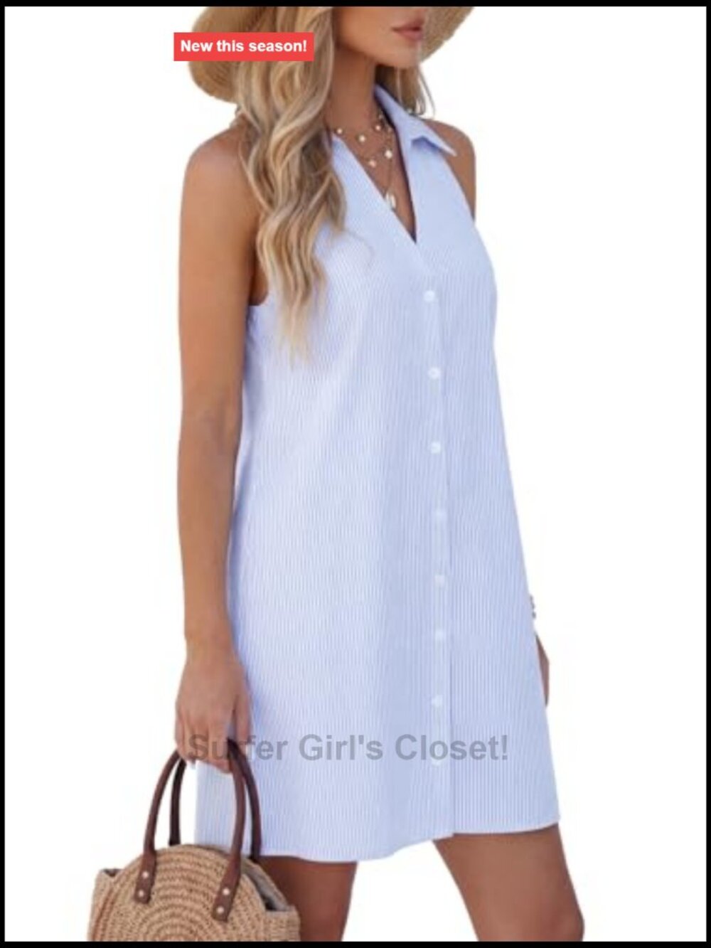 Women's Striped Collared Mini Beach Dress, Sleeveless A-Line Casual Vacation - Picture 4 of 7